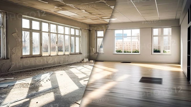 Large industrial office building before and after cleanup and construction, generative AI, AI generated