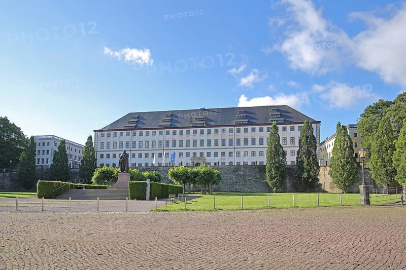 Baroque Friedenstein Castle and monument to Ernst the Pious, Gotha, Thuringia, Germany, Europe