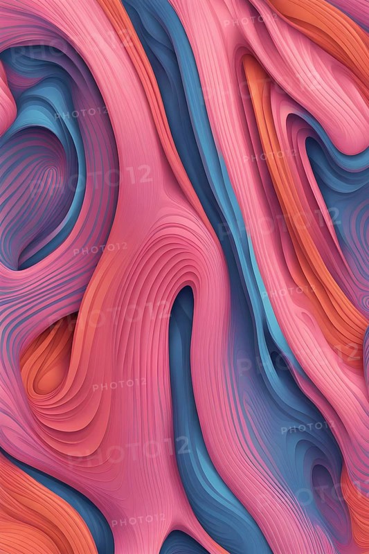 Seamless abstract pattern of vector fluid curved lines creating a dynamic ripple effect in vibrant colors of blue, pink and orange, AI generated