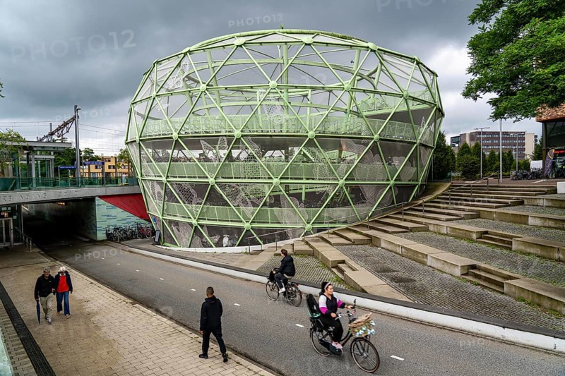 The Fiestappel, bicycle car park for over 900 bicycles, in a stylised apple shape, in Alphen aan den Rijn, directly at the railway and bus station, as well as on a central cycle path, Netherlands