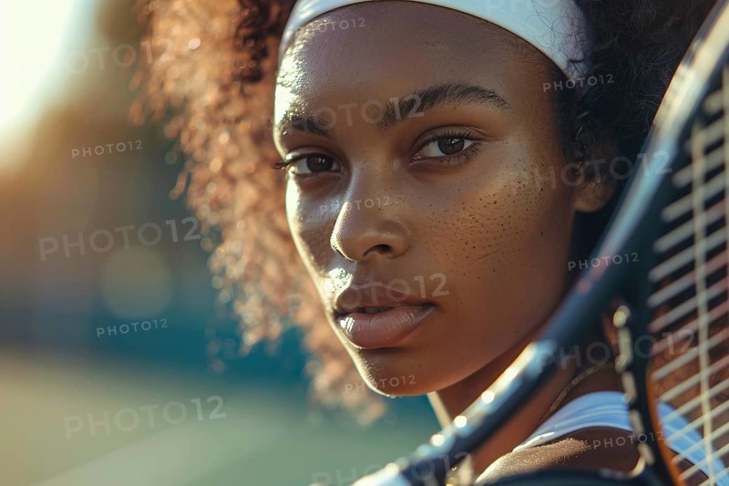 Close up of black woman's face with tennis racket. Generative Ai, AI generated