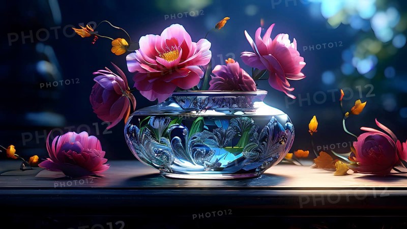 Transparent crystal glass vase with vibrant blooming flowers, AI generated