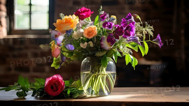 Transparent crystal glass vase with vibrant blooming flowers, AI generated