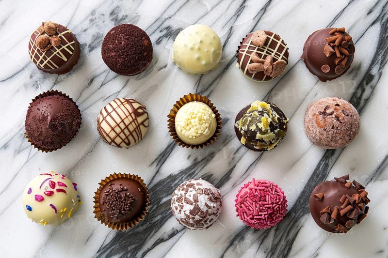 Top view of different pralines on marble background. Generative Ai, AI generated
