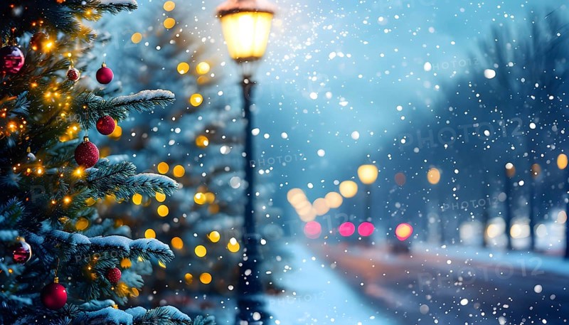 Christmas Eve with snowflakes fall under the light of a streetlamp with a decorated tree in the background, AI generated
