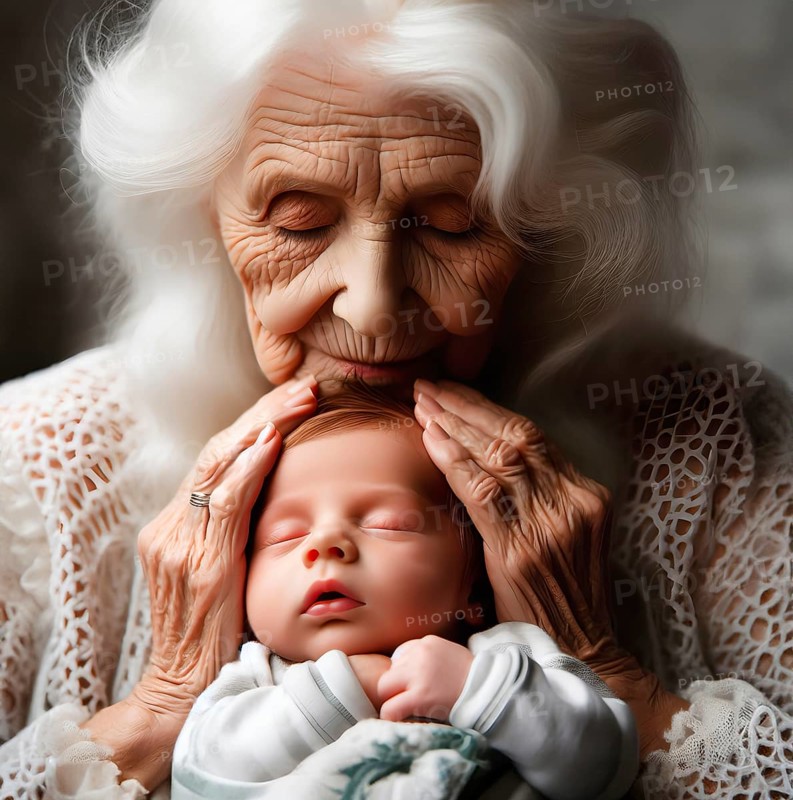 A grandmother tenderly embraces the head of her grandchild, a baby, symbolic image family, grandparents, love, tenderness, AI generated, AI generated