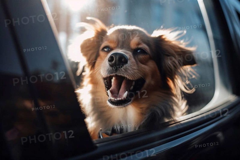 Panting dog inside of car in summer. KI generiert, generiert AI generated