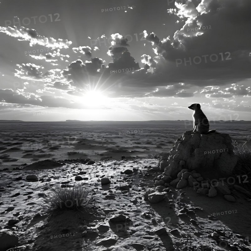 Meerkat silhouetted against the setting sun standing atop a termite mound in the kalahar desert, AI generated