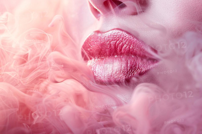 Close up of woman's lips surrounded by pink smoke. KI generiert, generiert, AI generated