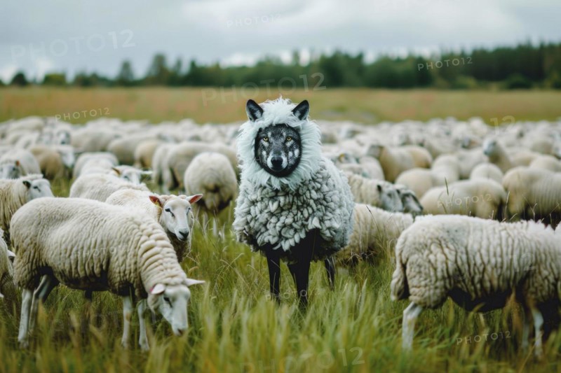 Depiction of a wolf in sheep's clothing, example of a figure of speech, metaphor, visualisation for an enemy disguised as a friend, AI generated, AI generated, AI generated