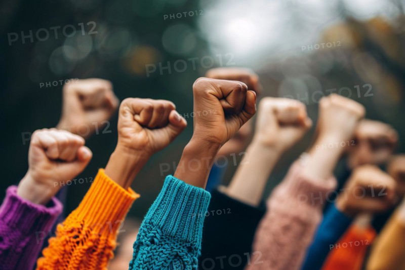 Close up of many women's raised fists. KI generiert, generiert, AI generated