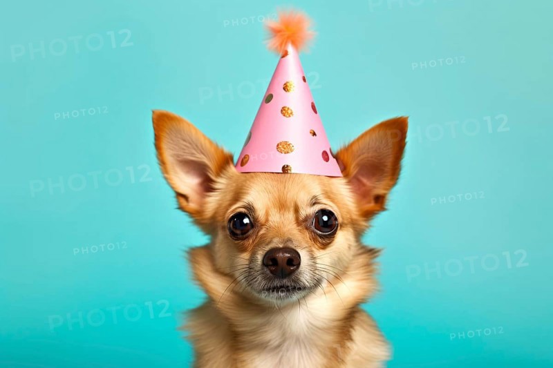 Small dog with pink birthday party hat on blue background. KI generiert, generiert AI generated
