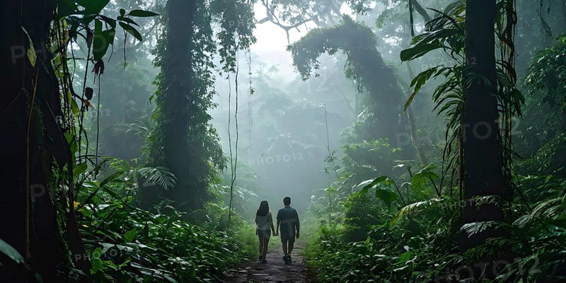 Adventurous couple hiking through dense amazon rainforest, AI generated