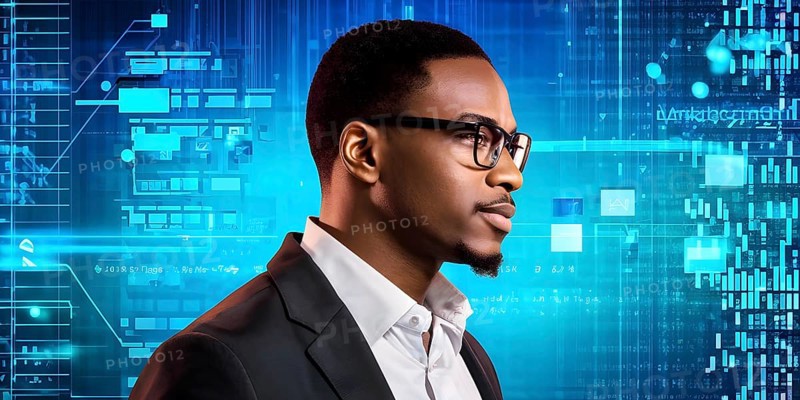 Black african american male it specialist engaged in analyzing data for cyber security, AI generated