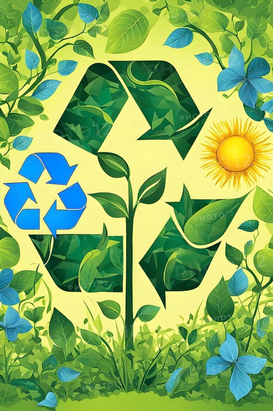 Recycling symbol morphing into growing plants and solar cells to symbolize the transformation of waste into renewable resources, AI generated