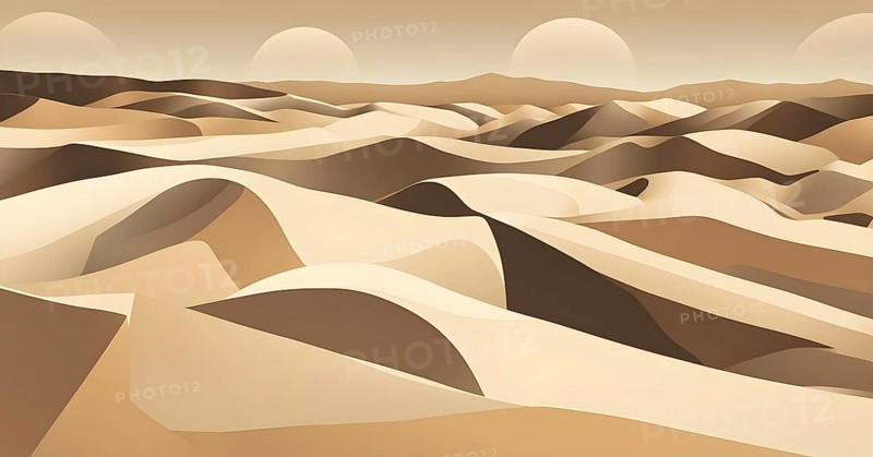 Abstract desert scene with triangular sand dunes and a single circular sun, using sharp lines and subtle gradients in neutral earth tones, AI generated