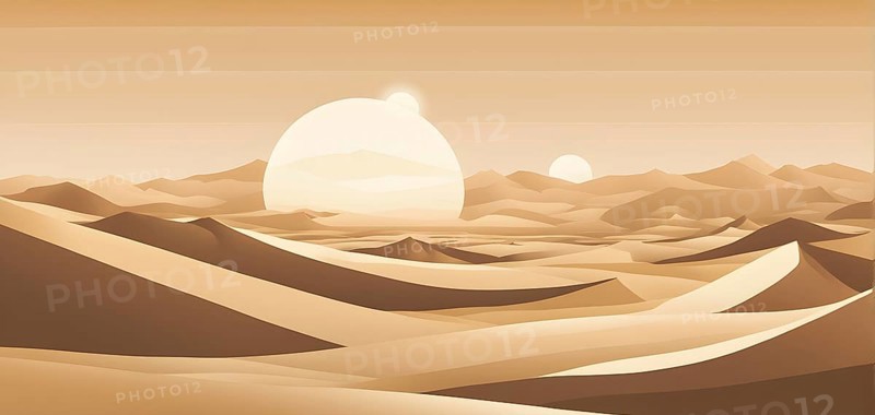 Abstract desert scene with triangular sand dunes and a single circular sun, using sharp lines and subtle gradients in neutral earth tones, AI generated
