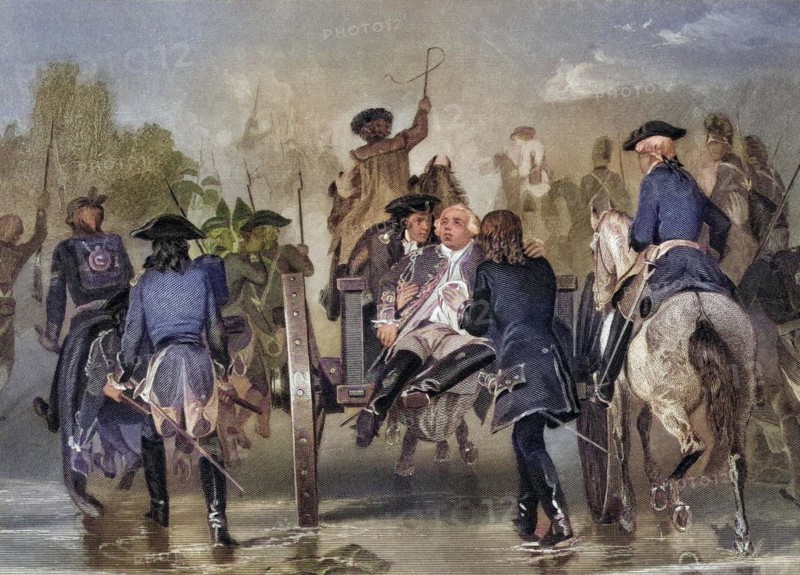 Mortally wounded General Edward Braddock (1695? to 1755) retreats from the Monongahela River in 1755 after an attack by French and Indian troops. After Alonzo Chappel from Life and Times of Washington Volume 1, published 1857, Mortally wounded General Edward Braddock 1695? to 1755 retreats from the Monongahela River in 1755 after attack from French and Indian forces After Alonzo Chappel from Life and Times of Washington Volume 1 published 1857, Historic, digitally restored reproduction from a 19th century original, Record date not stated