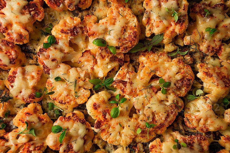 Cauliflower steak with cheese and spices, homemade, close-up, top view, selective focus, no people