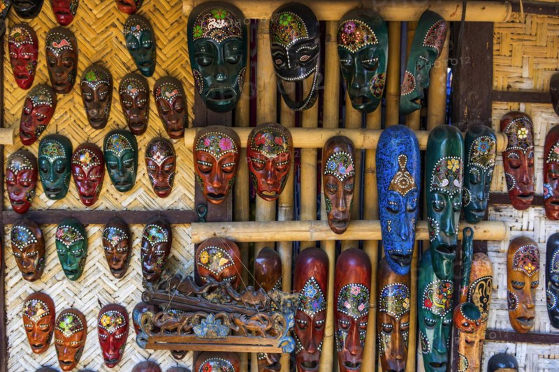 Traditional wooden masks on a market, colourful, handcraft, craftsmanship, tradition, face, travel, holiday, tourism, mask, culture, sculpture, head, spiritual, decoration, souvenir, bazaar, souvenir, sculpture, Indonesia, Asia