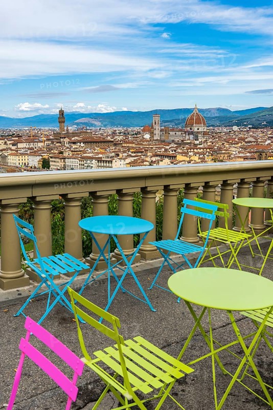 Colourful chairs on Piazza Michelangelo, city view, city trip, tourism, empty, nobody, crisis, lull, view of Florence, Italy, Europe