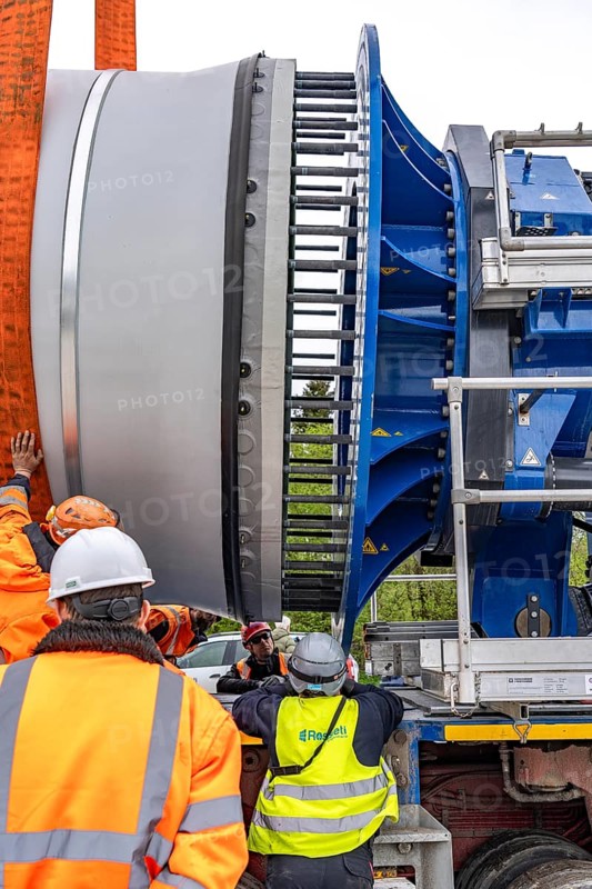 Preparation for the transport of a 68 metre long blade, a wind turbine, with a self-propelled Blade-Lifter vehicle, over a 40 km long route in the Bergisches Land, through towns, villages, over country roads, narrow through roads, to the construction site of the wind turbine near Hagen, North Rhine-Westphalia, Germany, Europe