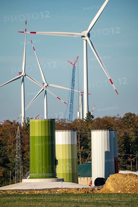 Construction site of a new wind turbine, modules of the tower, wind turbine from the manufacturer Enercon, wind farm near Bad Wünnenberg, North Rhine-Westphalia, Germany, Europe