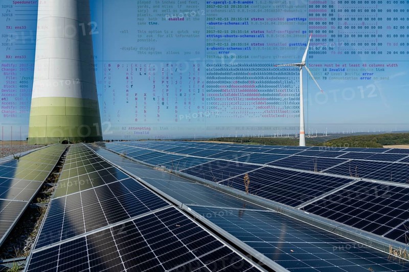 Symbolic image of critical infrastructure, blackout risk, cyberterrorism, wind farm near Bad Wünneberg, solar plant, East Westphalia Lippe, North Rhine-Westphalia, Germany, Europe
