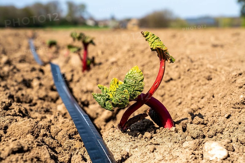Rhubarb young plant, just planted in a field, hose for artificial irrigation