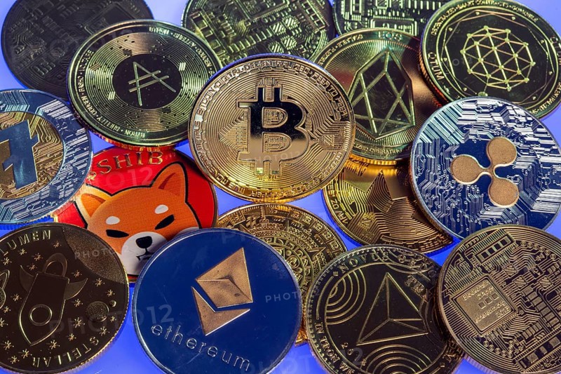 Various cryptocurrencies, symbol coins, optical placeholder for the digital currency, blockchain, Bitcoin, Ripple, Ethereum, Shiba Inu, Eos, Litecoin, Monero, Stellar, Adalevea, Qtum Blockchain, Tron, Maya