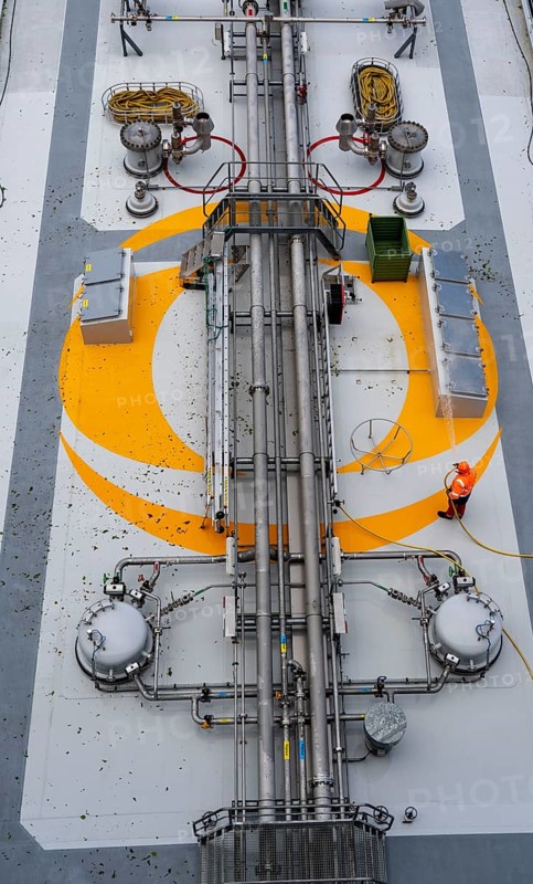 Gas tanker, Brinjal, transports butane gas to the petrochemical company INEOS in Cologne, ship's personnel clean the deck, cargo ship on the Rhine North Rhine-Westphalia, Germany, Europe