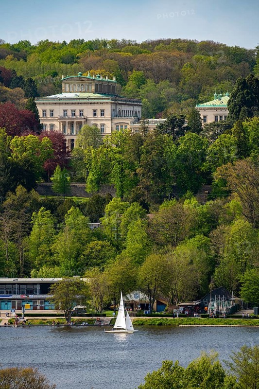 Villa Hügel, seat of the Krupp industrial family, above Lake Baldeney, today the seat of the Alfried Krupp von Bohlen und Halbach Foundation, museum, Hügelpark, Essen, North Rhine-Westphalia, Germany, Europe