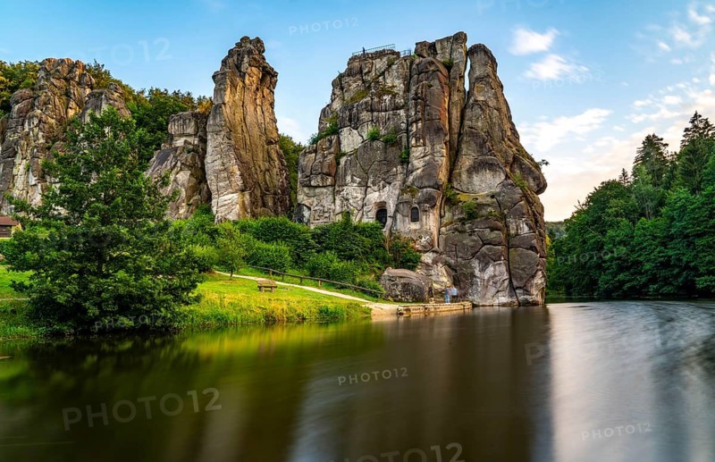 The Externsteine, a sandstone rock formation, Wiembecketeich, in the Teutoburg Forest, near Horn-Bad Meinberg, Lippe district, North Rhine-Westphalia, Germany, Europe