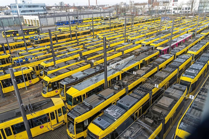 Warning strikes in local public transport, Ruhrbahn trams at the depot, VERDI union members on strike, no trains running, Essen, North Rhine-Westphalia, Germany, Europe