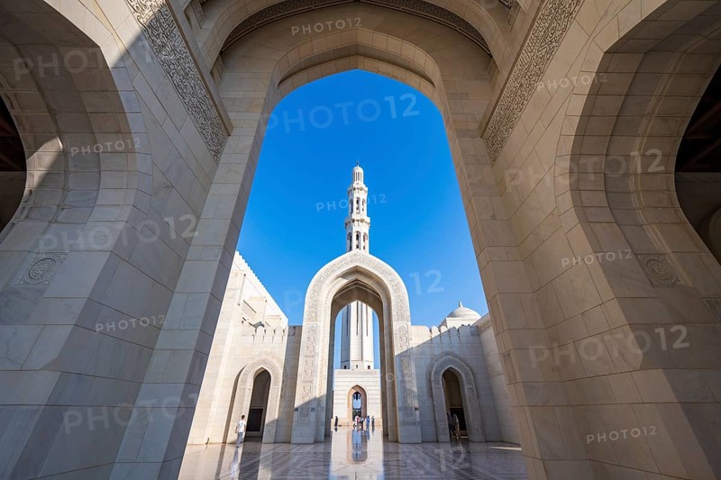 Sultan Qaboos Grand Mosque, archways with minaret, Muscat, Oman, Asia