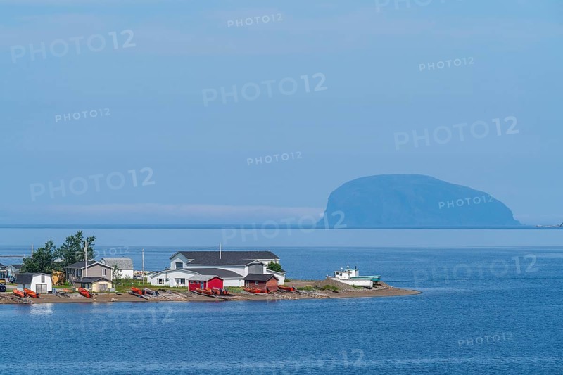 Headland with colourful houses in Frenchman's Cove, behind Weeball Island, also Guernsey Island, Bay of Islands, Newfoundland, Canada, North America