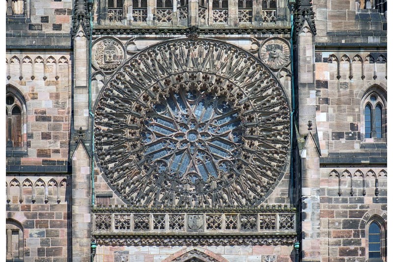 Gothic rose window on the main portal of St SLorenz, Nuremberg, Middle Franconia, Bavaria, Germany, Europe
