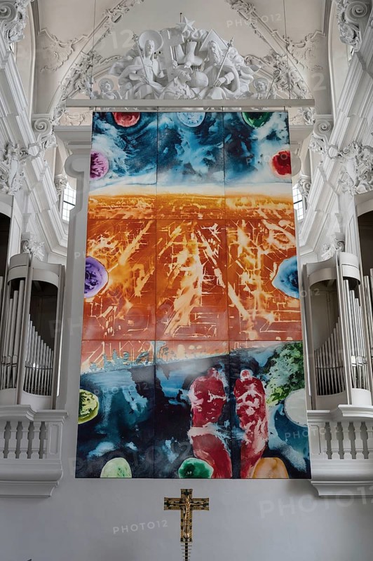Luminous altarpiece by the painter Jacques Gassmann, Heavenly Jerusalem created in 2011, St Augustine's Church, Dominikanerplatz, Würzburg, Lower Franconia, Bavaria, Germany, Europe
