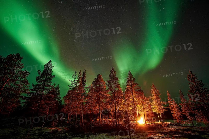 Man in the evening at a bivouac with campfire, Lapland, Sweden, Scandinavia, Europe