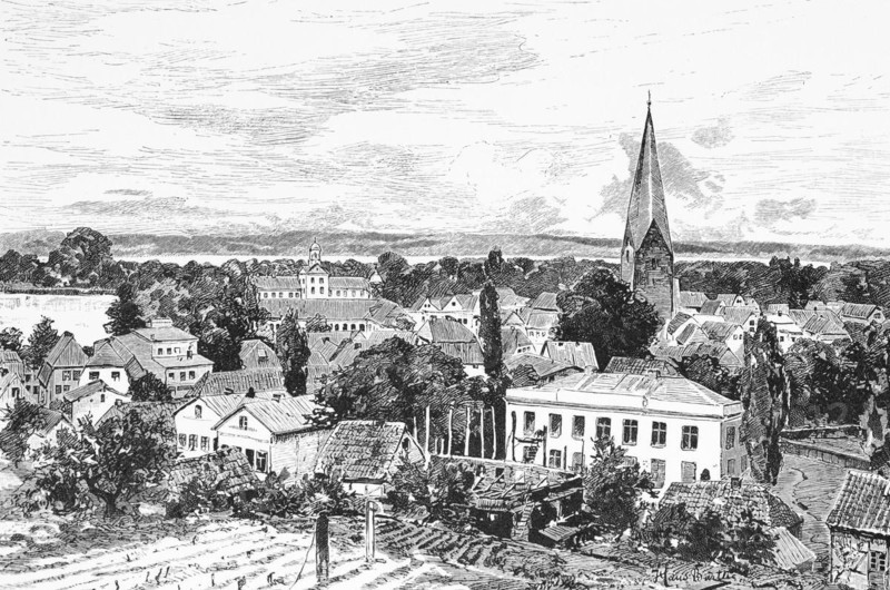 Town view of Eutin, Eutin Lake District, castle, church, field, Schleswig-Holstein, Germany, historical illustration 1880, Europe