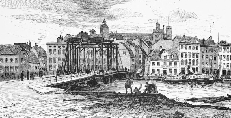 Tree bridge over the Oder, Szczecin, Poland, cityscape, river, drawbridge, castle, old town, historical illustration 1880, Europe