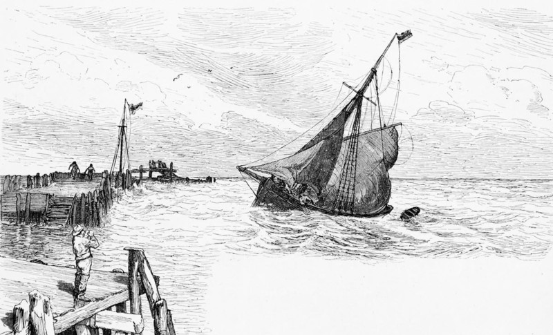 Storm from northwest, East Frisia, North Sea, Lower Saxony, cardinal point, one-master, harbour entrance, swell, quay, people, Germany, historical illustration 1880, Europe