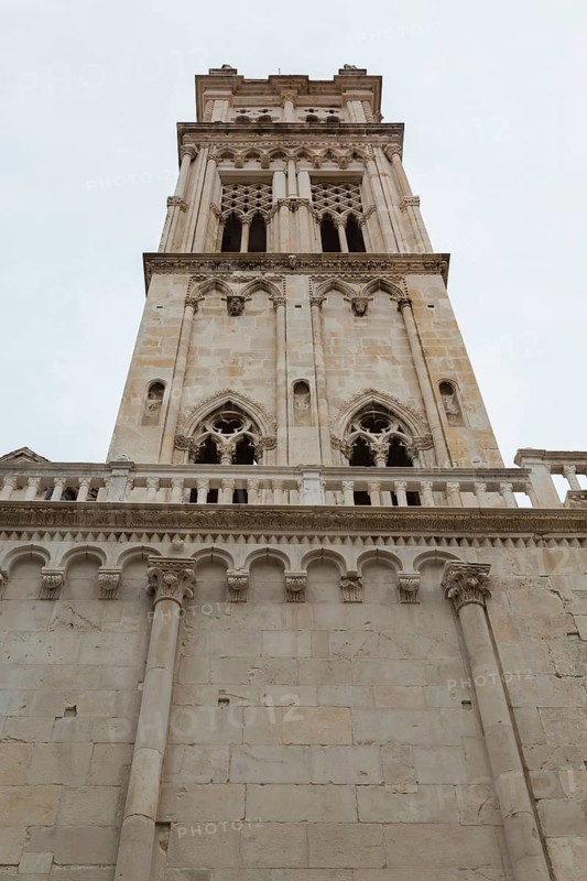 Low angle view of old Gothic Church of Saint Sebastian, Trogir, Croatia, Europe
