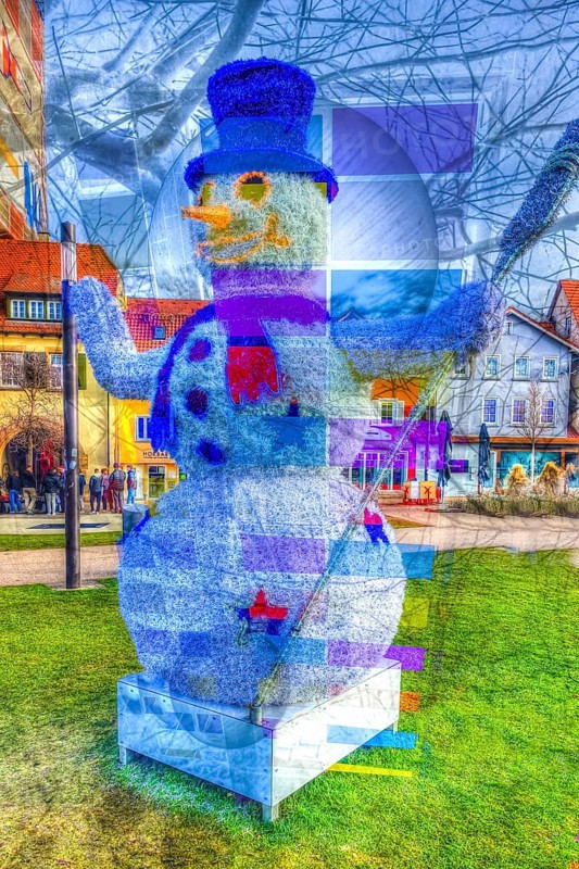 Snowman with hat, carrot nose, broom, top hat, scarf, illuminated art figure, mouth, eyes, funny winter motif, Christmas motif, Christmas, Christmas festival, Advent season, winter time, blue, cold, cold, Advent season, artistic recording, alienation, Christmas decoration, Christmas card motif, Reutlingen, Baden-Württemberg, Germany, Europe