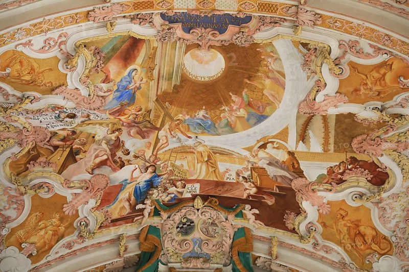 Fresco cycle, ceiling frescoes, interior of the Cistercian abbey church Fürstenfeld in Fürstenfeldbruck, Upper Bavaria, Bavaria, Germany, Europe