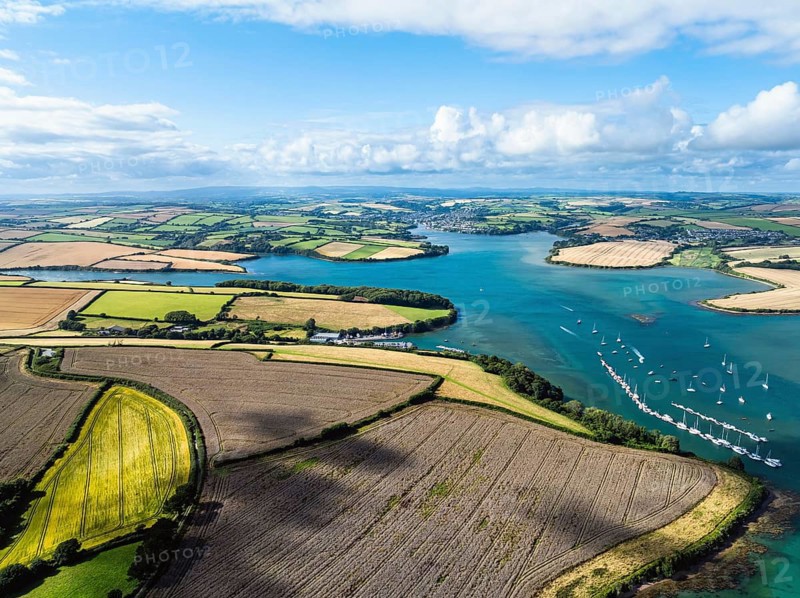 Salcombe and Mill Bay over Kingsbridge Estuary from a drone, Batson Creek, Southpool Creek, Devon, England, United Kingdom, Europe