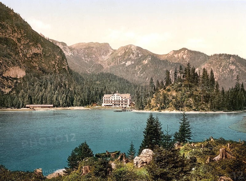 The Pragser Wildsee, formerly Tyrol, Austria-Hungary, today South Tyrol, Italy, Historical, digitally restored reproduction from a 19th century original, Record date not stated, Europe