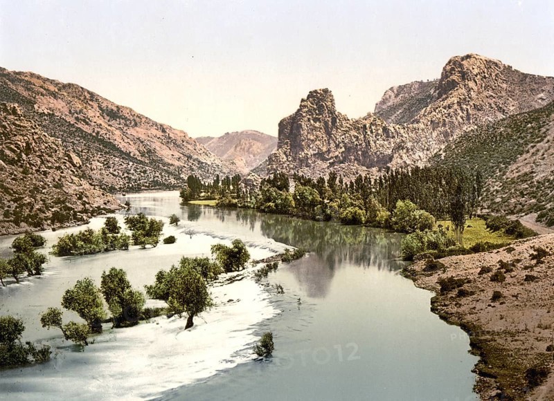 Almissa, now Omis, view on the Cettina, Cetina River, Dalmatia, Austro-Hungary, digitally restored reproduction from a 19th century original, record date not stated, now Omis, view on the Cettina, Cetina River, Dalmatia, Austro-Hungary, digitally restored reproduction from a 19th century original, record date not stated