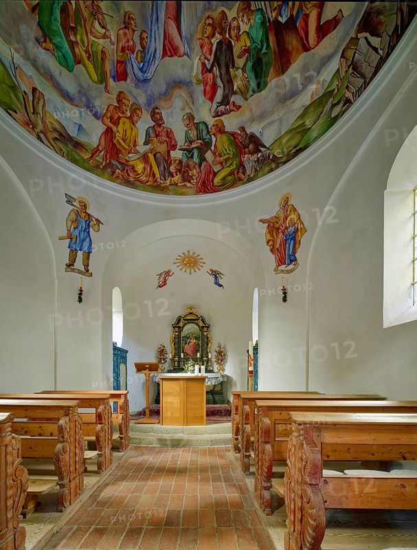 Lake chapel Maria am See, interior view, Obernberger See, mountain lake, landscape of the Stubai Alps, Obernberg am Brenner, Tyrol, Austria, Europe