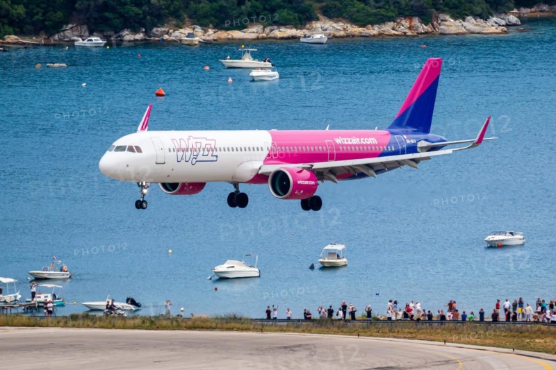 A Wizzair Airbus A321neo aircraft with the registration 9H-WAA at Skiathos Airport, Greece, Europe